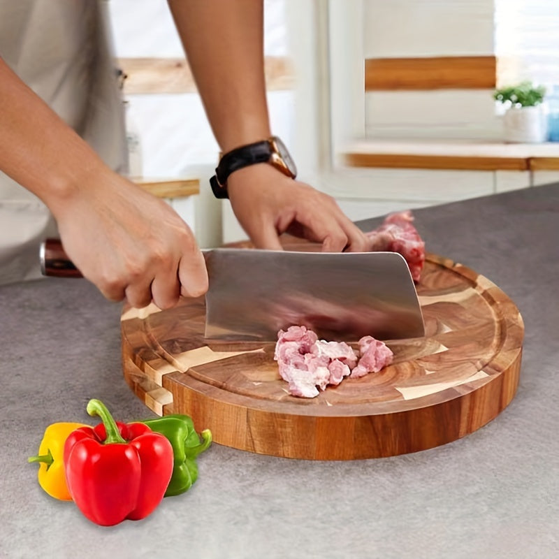 Round Acacia Wooden Serving Board - Durable Solid Wooden Cutting Board for Chopping Meat, Vegetable, Steak, and Fruit - Kitchen Household Essential - Food Supplement Serving Board and Fruit Cutting Pad - Kitchen Supplies