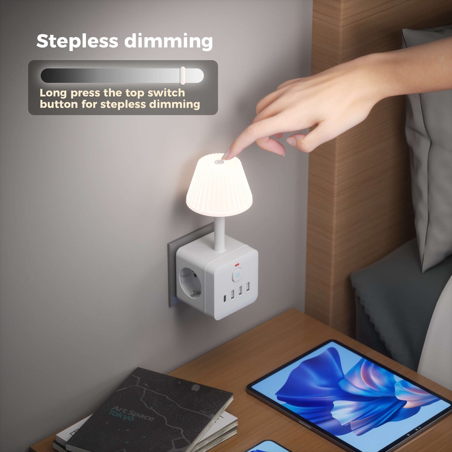 1pc Chiefway LED table lamp with dimmable light, multiple charging ports, power strip, surge protection, on/off switch, European plug, cube shape, 220-240V.