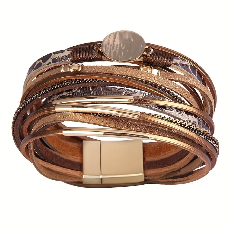 Women's Boho Chic Leather Wrap Bracelet with Multiple Synthetic Stone Layers, Gold-Tone Alloy Accents, and Magnetic Clasp - Perfect for Everyday Wear - Single Piece