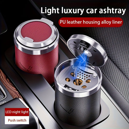 Car Ashtray with PU leather, anti-flying ash design, LED automatic lighting, replaceable battery, premium feel. Ideal for preventing ash from falling and organizing car interior