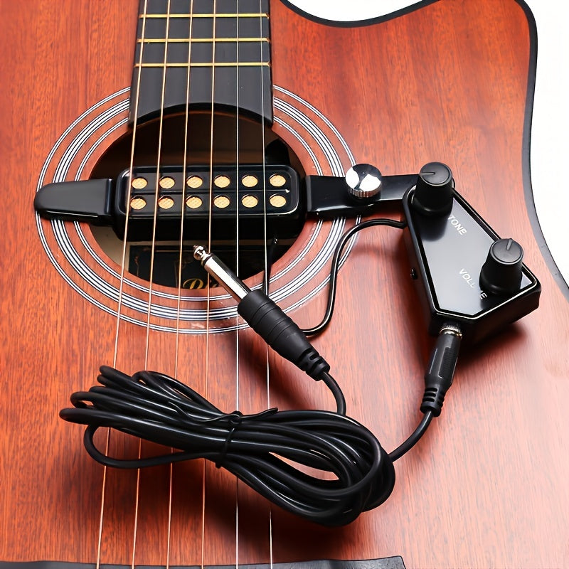 12-hole magnetic transducer acoustic guitar pickup with enhanced sound, adjustable volume & tone control. Includes audio cable and accessories kit.