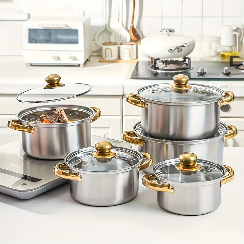 10-piece cookware set with gold-plated stainless steel double-handled soup pots for outdoor use.