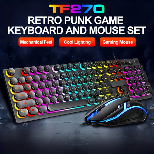 LED-lit wired keyboard and mouse set with mechanical feel for gaming and office use.