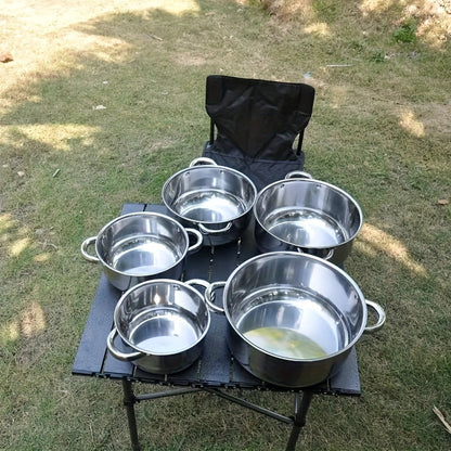 Set of 10 stainless steel saucepans, suitable for induction stovetops, includes deep soup pots with lids, ideal for home cooking and outdoor use. Portable cookware set.