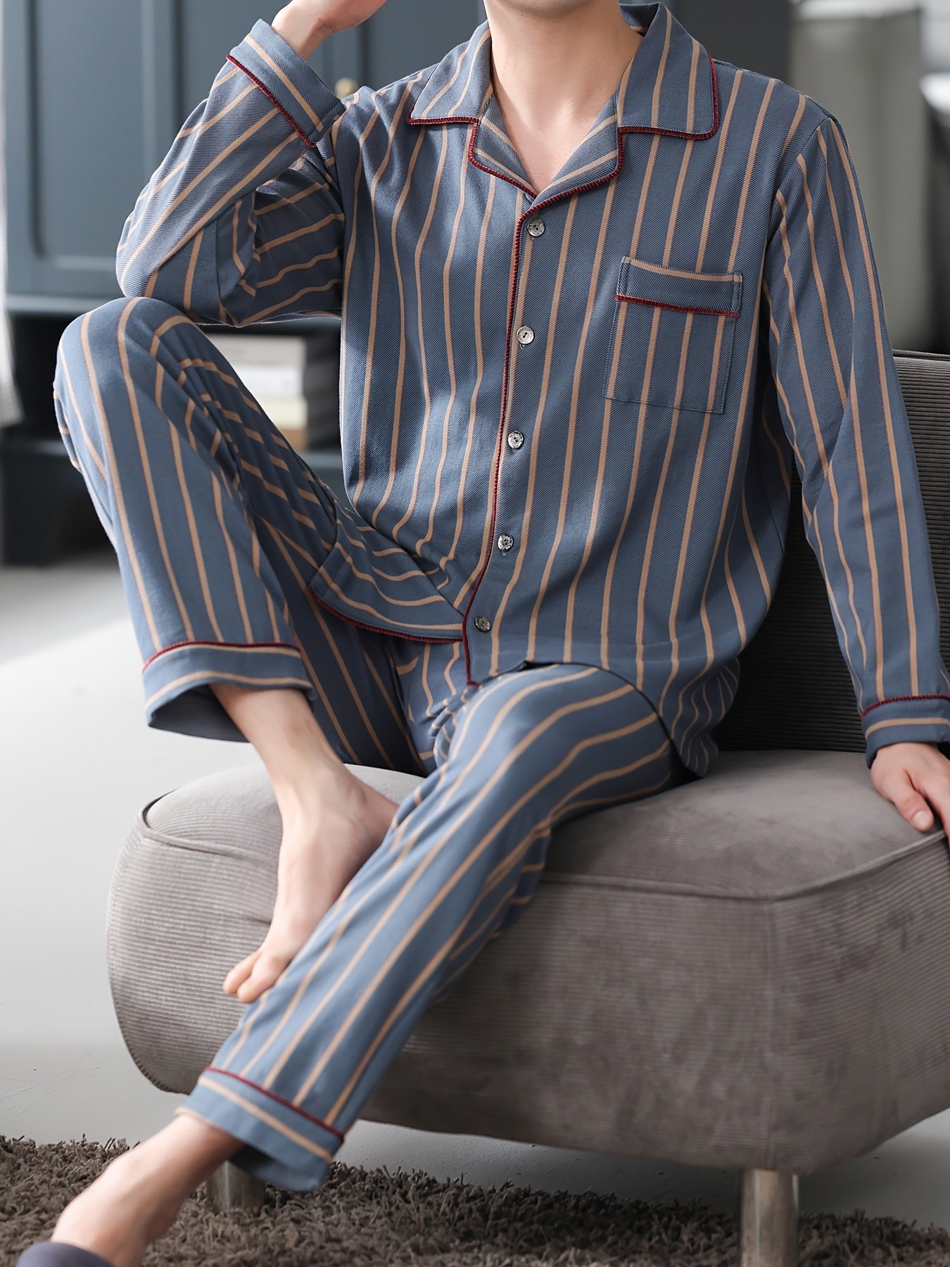 2 Men's Casual Striped Cotton Pajama Sets with Long Sleeve Lapel Shirt and Elastic Waist Pants