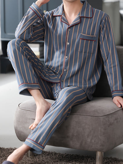 2 Men's Casual Striped Cotton Pajama Sets with Long Sleeve Lapel Shirt and Elastic Waist Pants