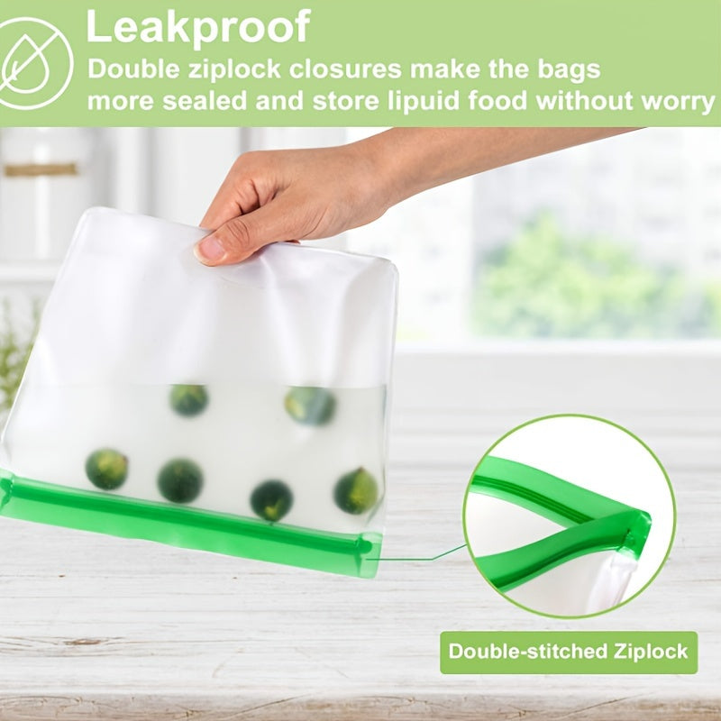 Get a pack of 1 Set Reusable Food Storage Bags made of leak-proof PEVA plastic with a square clip-on closure. Easy to hand wash, these bags are multipurpose for travel or home use. The set includes a 3.79 L bag, 1 sandwich bag, and 1 snack bag, all