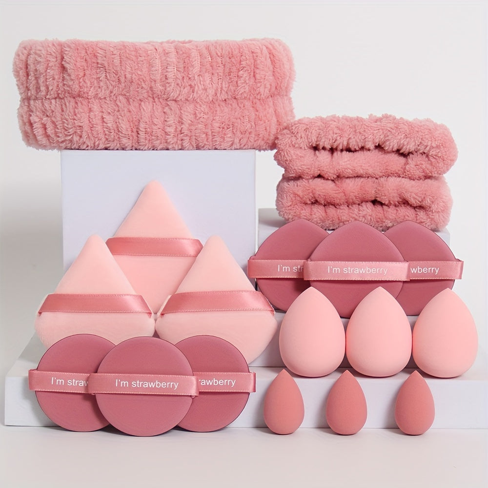 18-piece set including 1 hairband, 2 wristbands, 3 makeup sponges, 3 mini makeup sponges, 3 loose powder puffs, and 6 air cushion puffs. Features foundation mixing sponge for flawless