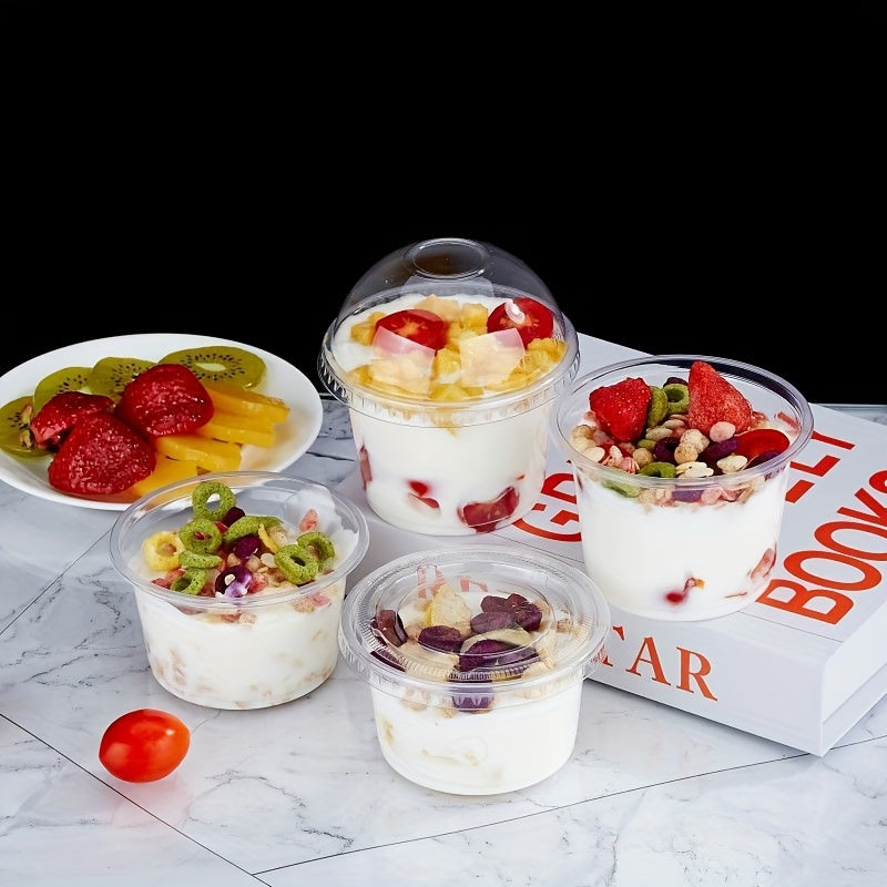 50 to 100 pieces of plastic dessert cups with dome lids, featuring no holes. These clear portable parfait cups are perfect for serving yogurt, pudding, jello, ice cream, fruit, and more. They are leak-proof, disposable containers ideal for takeout, home