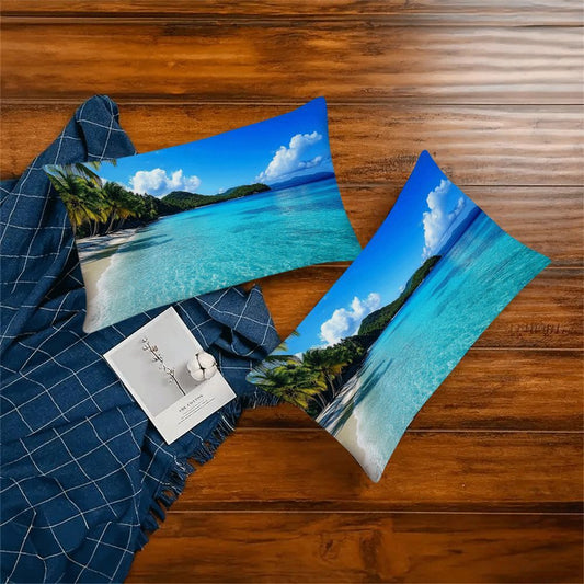 Set of 2 Ocean Beach & Coconut Tree Print Pillow Covers - 50.8x30.48cm - Soft, Stylish Square Cushion Cases for Living Room, Bedroom, and Outdoor Camping - Zip Closure, Easy to Clean Machine Washable