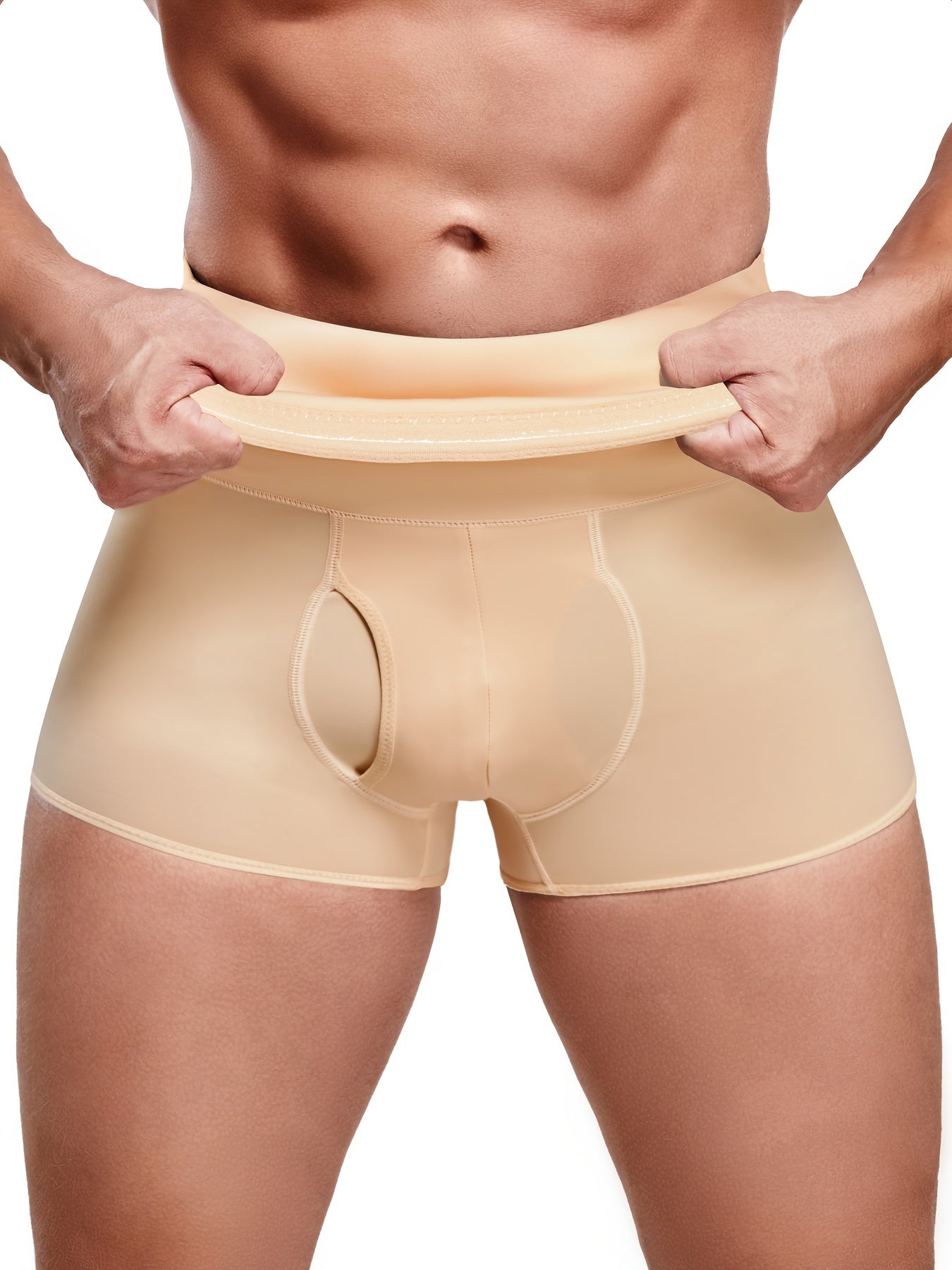 Junlan Men's High-Waist Slimming Shapewear Boxer Briefs in Beige offer tummy control, breathable nylon, seamless comfort fit, double-layer support for a trimmer waist and leg shape. Smooth