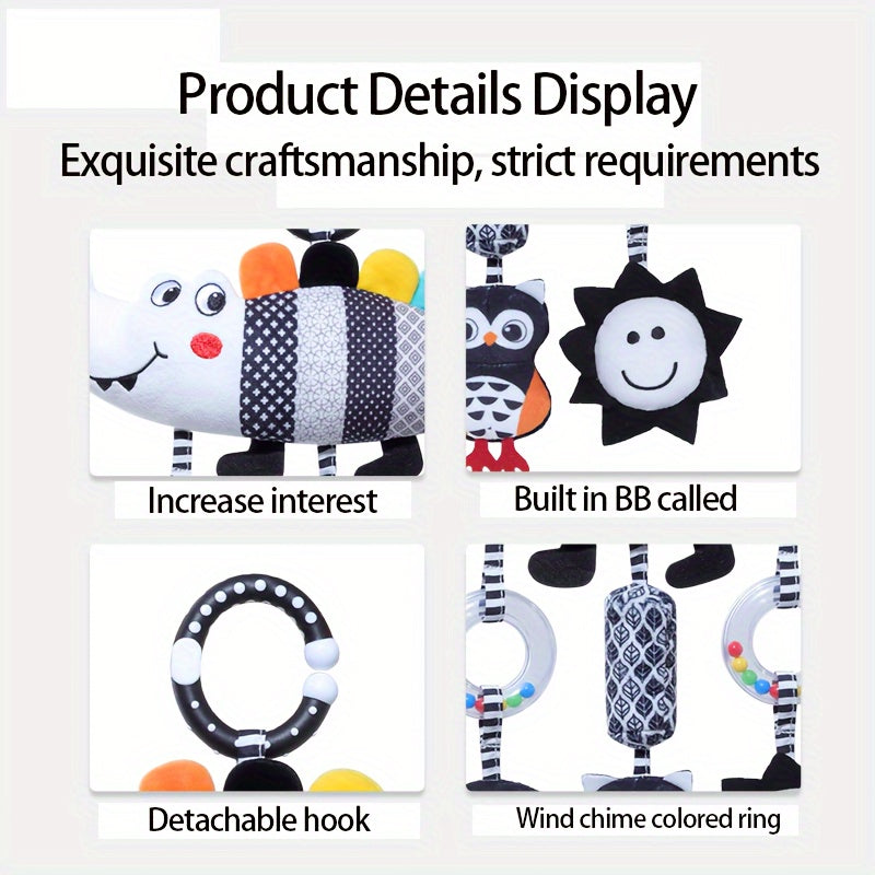 Soft and cuddly black and white animal wind chime plush toys, perfect for baby car seats and strollers. These hanging rattle toys are made of soft cloth and come from the Chinese Mainland. An ideal Christmas gift for infants aged 0-3 years old.