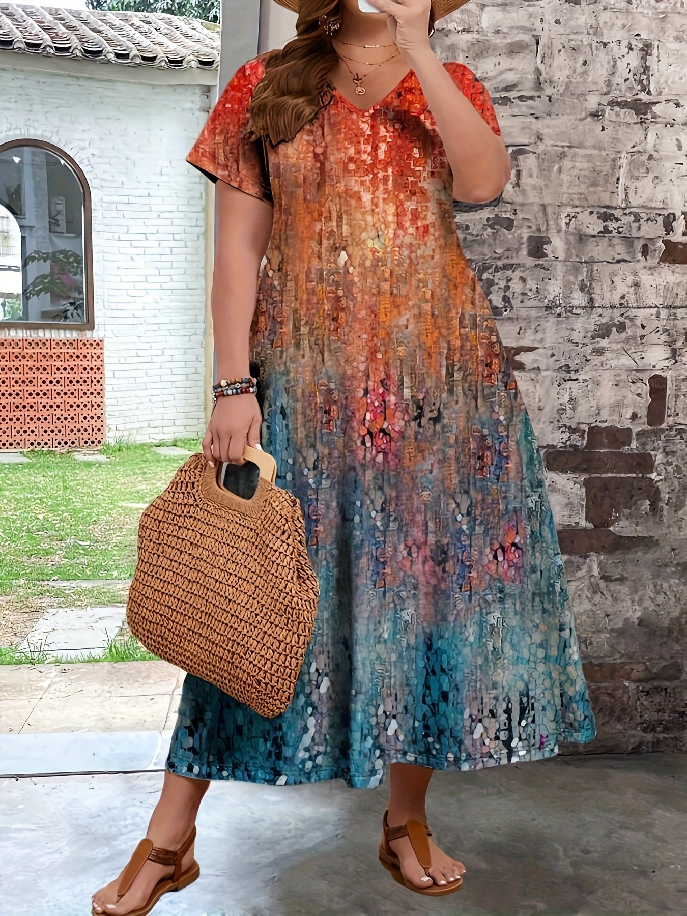 Women's Plus Size Allover Print Dress - Long Length, Casual Short Sleeve V Neck for Spring & Summer