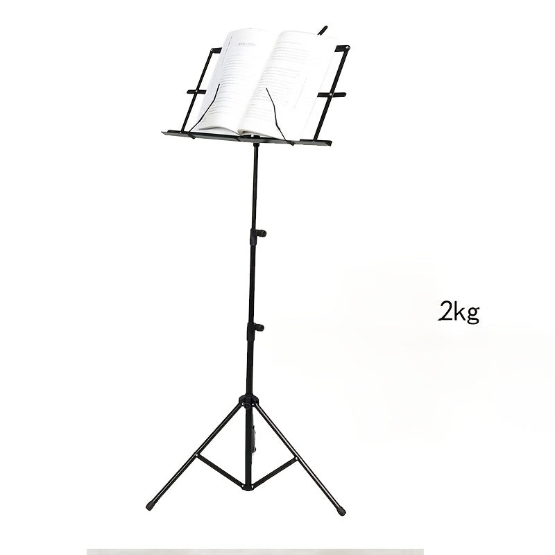 Adjustable height folding music stand made of alloy material, suitable for various instruments.