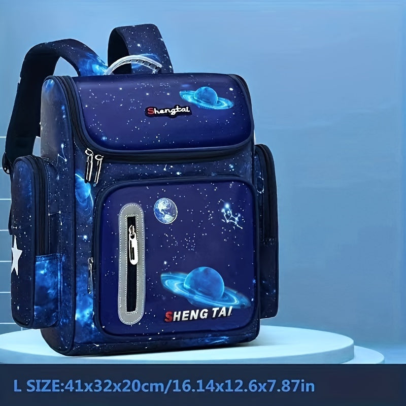 Waterproof school bag featuring cartoon astronaut design and large capacity.