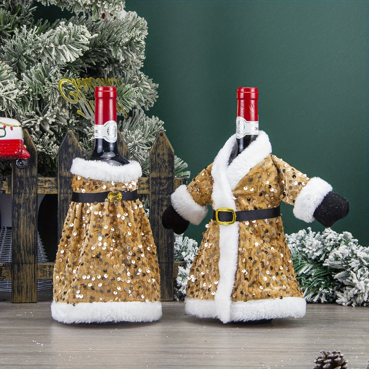 Set of 2 Festive Christmas wine bottle covers with sequined attire, plush hats, and leak-proof sweater. Perfect for wine lovers, home decor, and family gatherings.