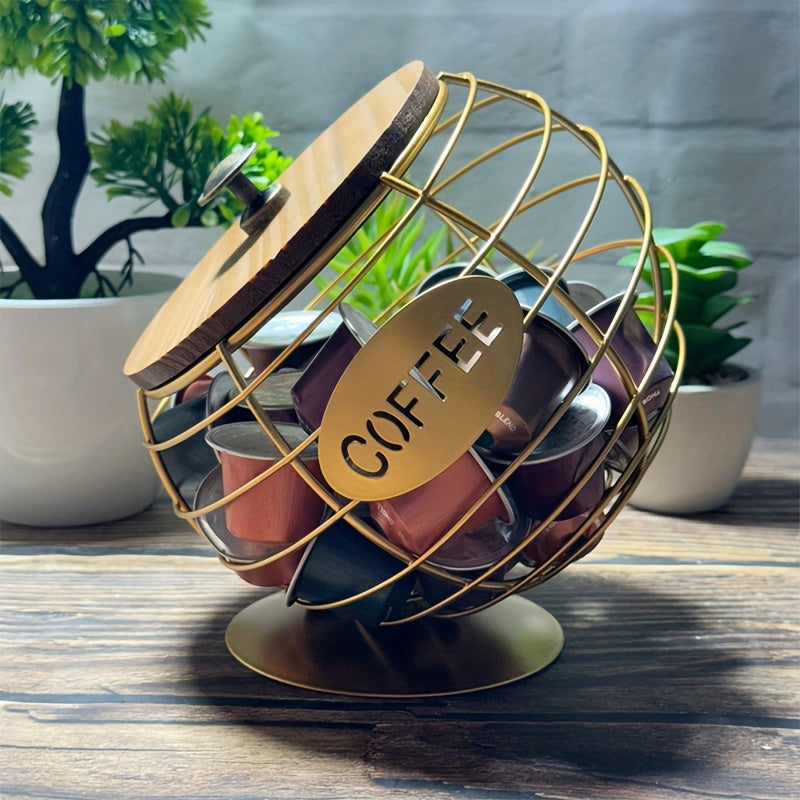 Iron coffee capsule holder with a slanted design for displaying in homes, bars, and cafes - one-of-a-kind pod basket.