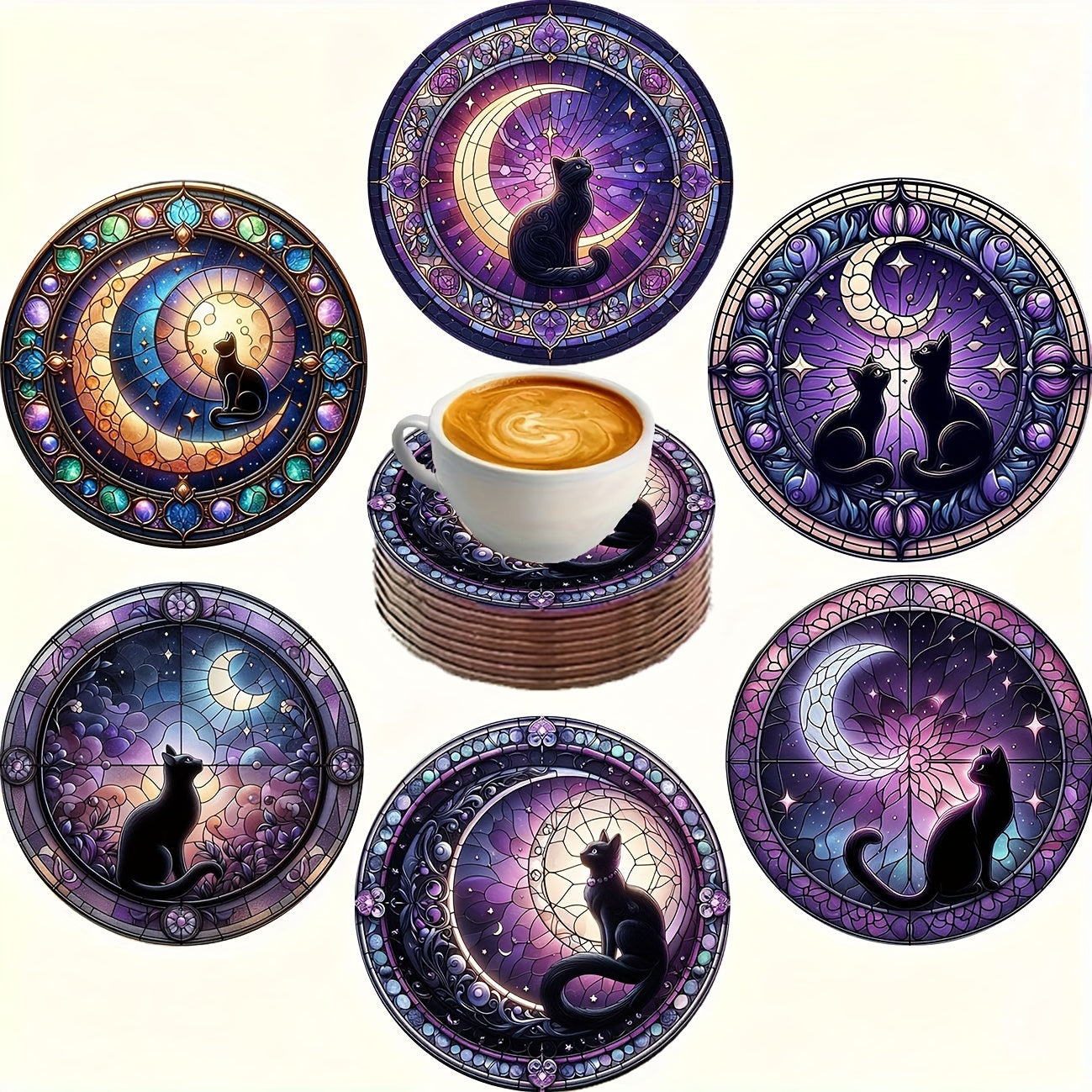 6 Cat-Themed Wooden Coasters - Heat-resistant and anti-scald, ideal for kitchen and dining decor.