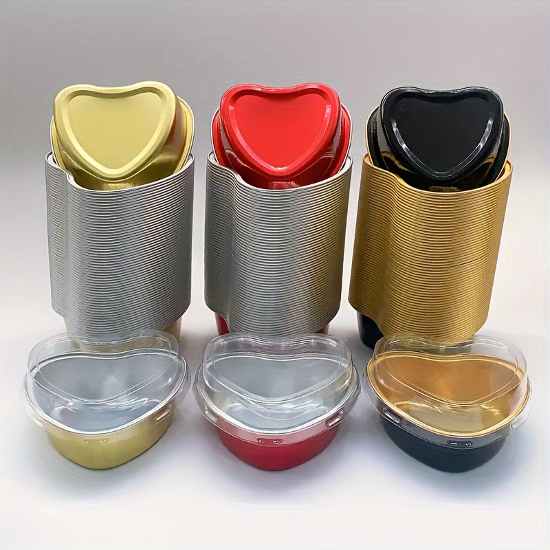 50 heart-shaped aluminum foil cake cups with lids, perfect for Valentine's Day, weddings, Mother's Day, birthdays, and Christmas.