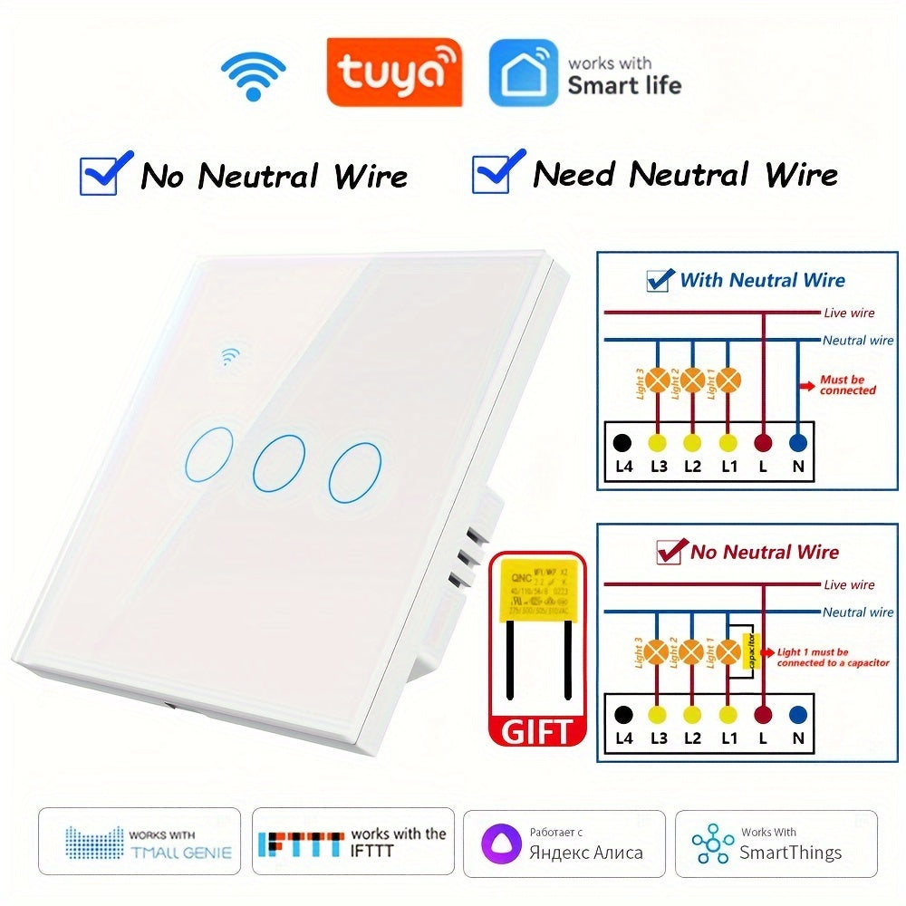 Chevolink WiFi Smart Switch with Voice Control, EU Plug, No Neutral Wire Needed, Compatible with Alexa and Google Home, 1/2/3/4 Gang, Tempered Glass Panel