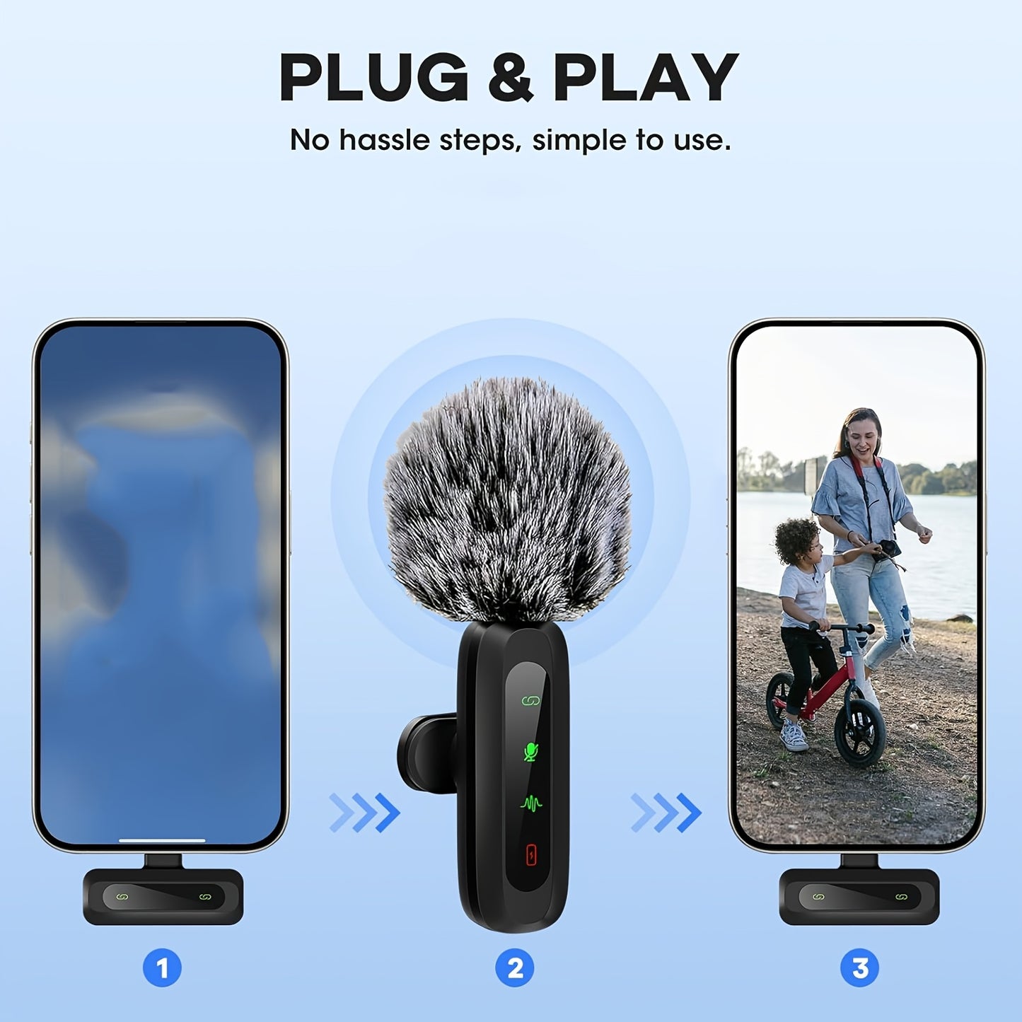 Wireless clip-on microphone with one-click recording, USB-C charging, and battery indicator - perfect for streaming and broadcasts.