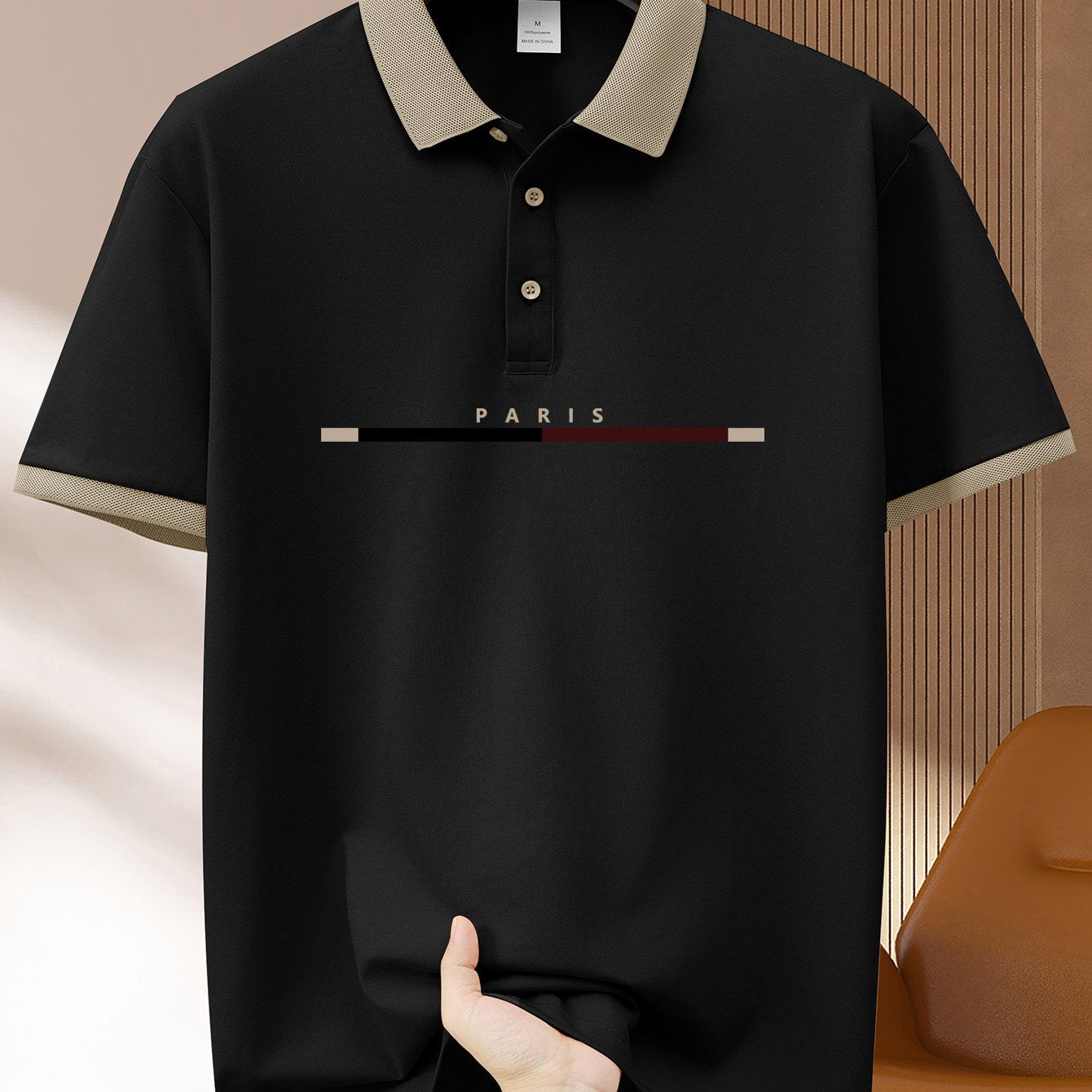 1pc Men's casual polo shirt with geometric pattern made of summer knit polyester, featuring a button collar and short sleeves. Available in navy blue, light green, khaki, black, and pink.