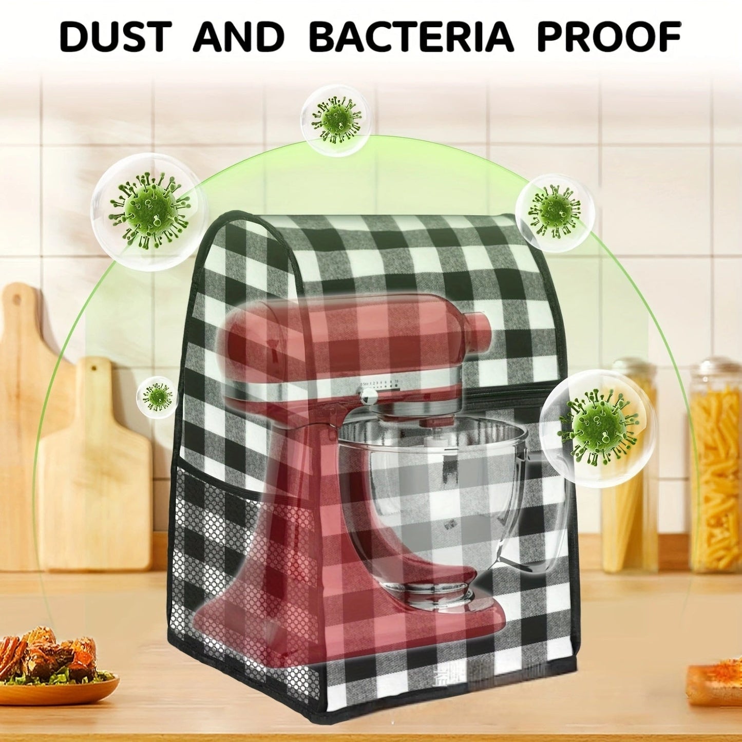 Protective appliance cover made of polyester for stand mixer/coffee maker, waterproof and bacteria-resistant, not intended for food contact.