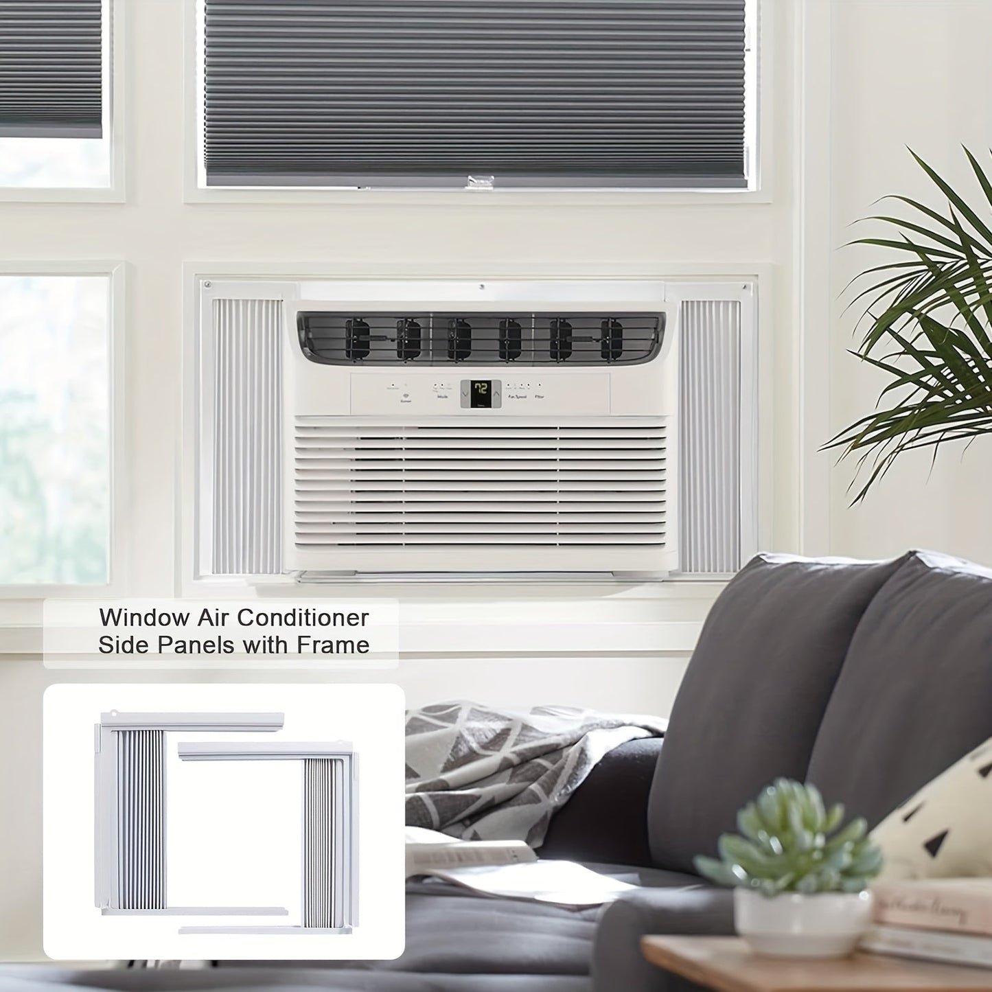 Energy-saving indoor accordion filler curtain set with frame kit - 2 pack of PVC insulation panels for 5,000 BTU AC units, adjustable side panels for windows, no electricity required.