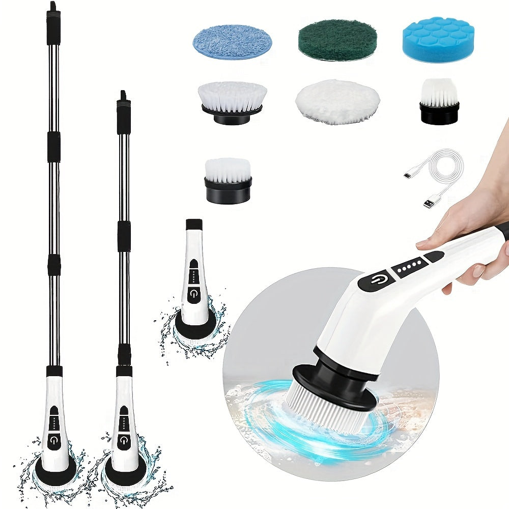 Introducing the Electric Cleaning Brush Set with 1 Wireless Rotary Floor Scrubber. This versatile cleaning tool comes with 7 replaceable brush heads and an adjustable extension handle for maximum convenience. The cordless design allows for easy