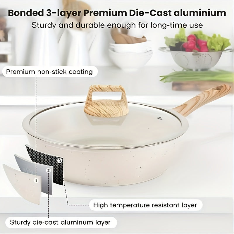 Non-Stick Cookware Set includes 12 pieces of aluminum pots and pans, suitable for induction cooking. They are dishwasher and oven safe, and come with detachable handles. An essential cooking equipment set.