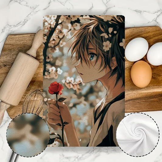 Two pieces of ultra soft kitchen towels featuring an anime boy with blue eyes leaning against a cherry blossom tree, holding a single red rose. These highly absorbent dish hand towels are perfect for holiday decor. Machine washable and measuring 16x24