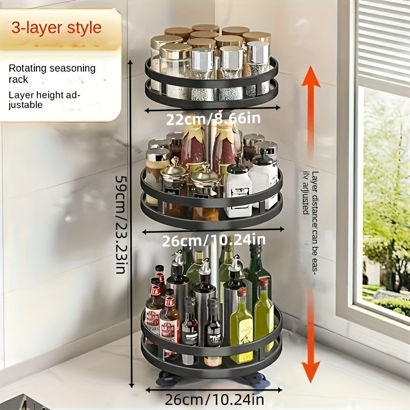 Rotating Metal Spice Rack with Adjustable 3 Tiers, Perfect for Organizing Seasoning Bottles, Cans, and Snacks on Countertop Shelf