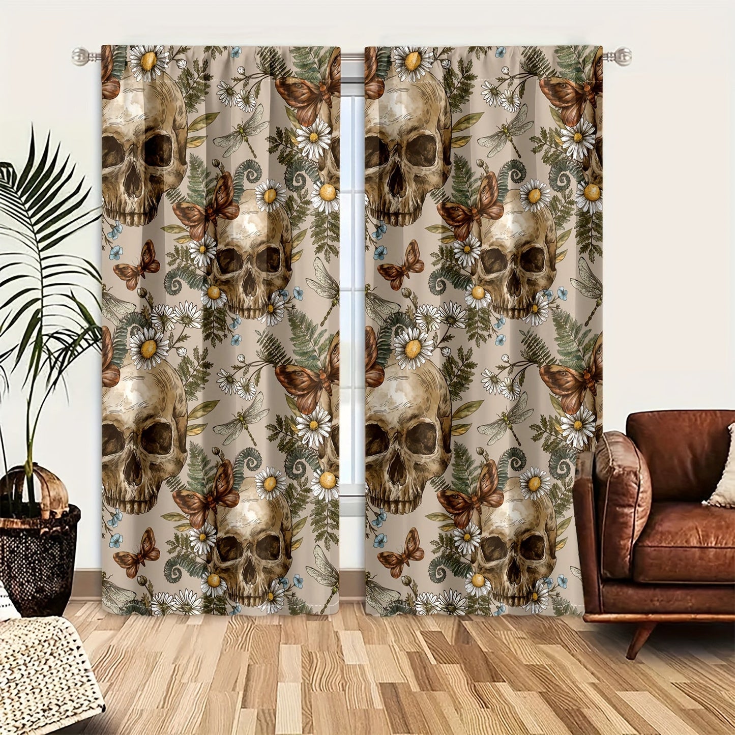 Semi-Transparent Halloween Skull & Butterfly Chrysanthemum Curtains - Set of 2, Privacy-Protecting Drapes for Living Room and Bedroom Decoration