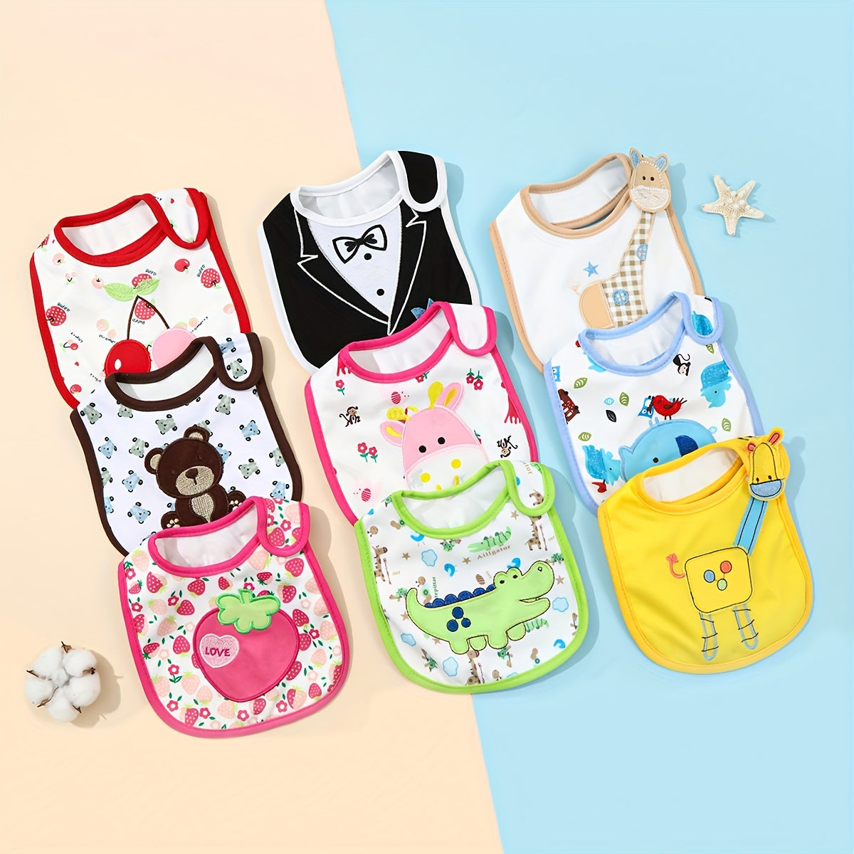 Set of 5 waterproof drool bibs for infants and toddlers aged 0-3 years, made of cotton with a hook & loop closure. Features playful designs suitable for both boys and girls, perfect for drooling and teething.