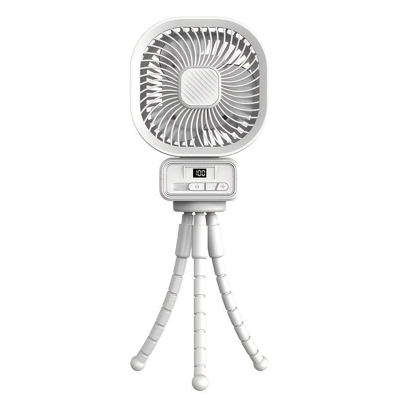 Stay cool with the YAIAWISU Portable Desktop Fan featuring a tripod stand for easy placement, USB rechargeable 5000mAh battery, 3-speed settings, LED display and lighting, and a compact design. Perfect for use indoors or outdoors during the summer