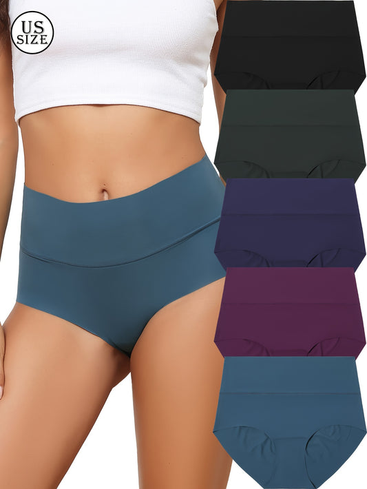 Five solid seamless high waist briefs for women, simple and comfortable breathable stretchy panties.