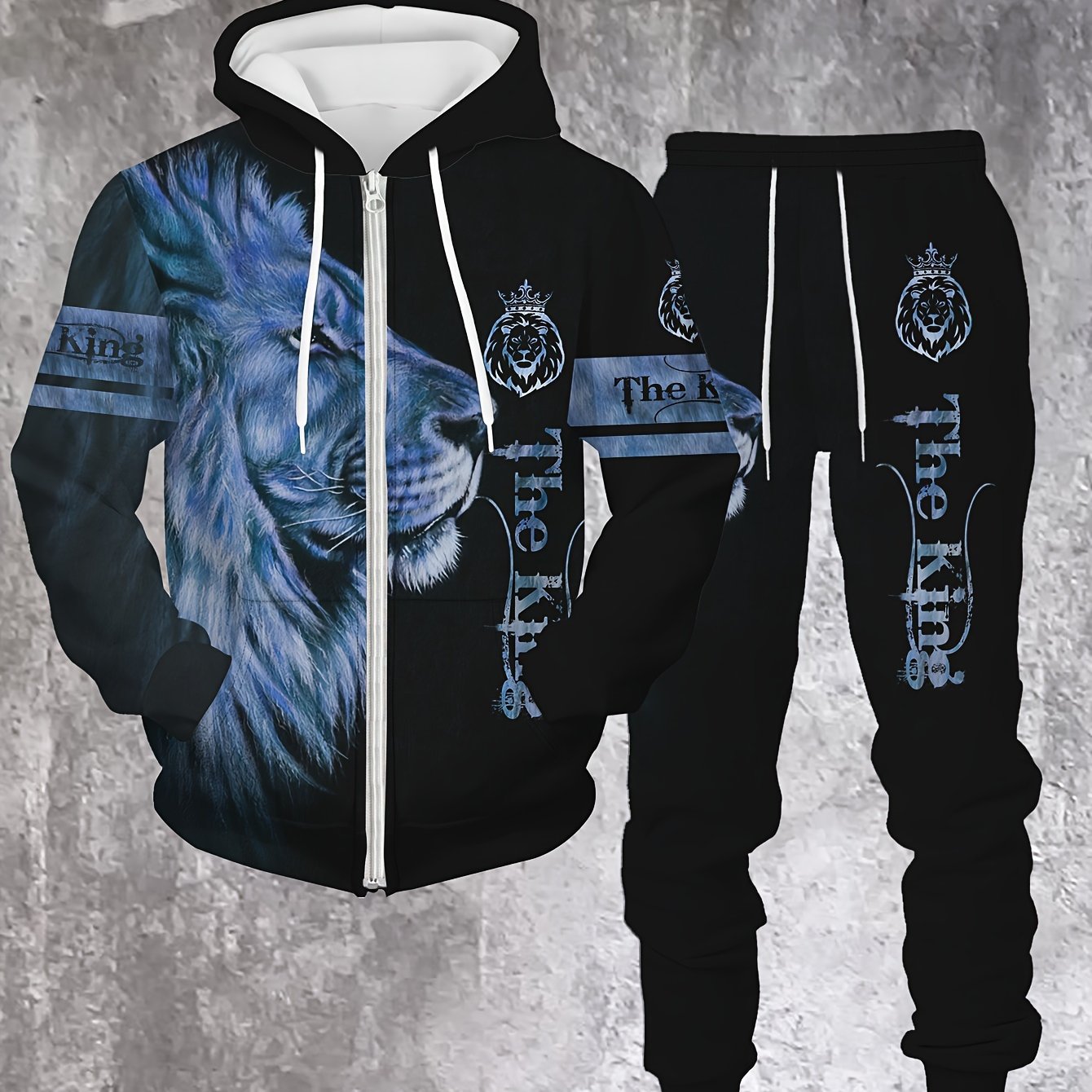 Men's Lion King Zip-Up Hoodie and Jogger Set - Casual Loungewear with Lion Design, Machine Washable