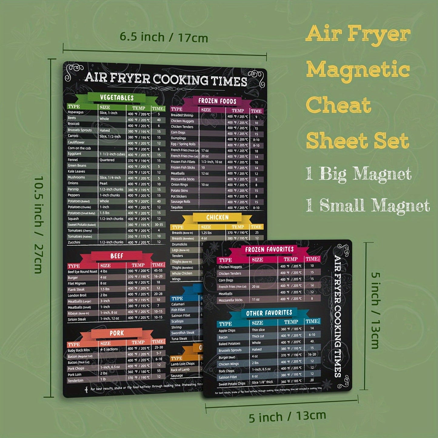 2-piece TRONMAG Air Fryer Magnetic Cheat Sheet Set - Quick Reference Kitchen Cooking Time Guide for Vegetables, Meat, and Seafood - Rectangle Paper Material with Fahrenheit and Celsius Display