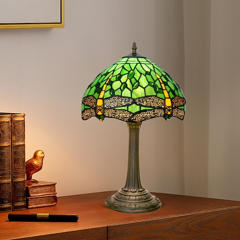 Handmade 12-inch glass desk lamp with green dragonfly pagoda shade and antique metal finish. Includes switch and 220-240V European plug. Perfect cozy bedside table lamp for various rooms in retro European countryside style. A creative gift idea.