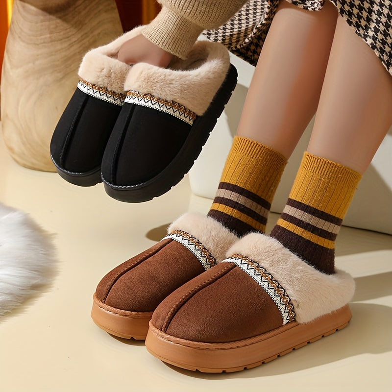 Women's cozy slippers with plush lining, non-slip EVA sole, soft fabric, casual style, hand wash only, solid color, all-season wear, no print.