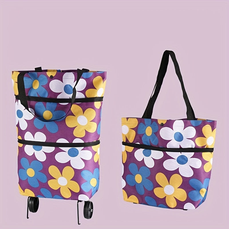 Reusable shopping bag with wheels, large capacity, foldable, multifunctional for storage and shopping.