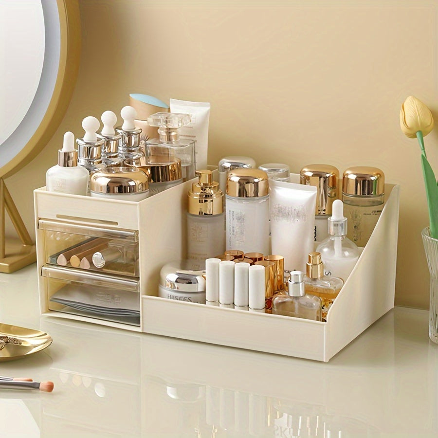 Clear acrylic makeup organizer with drawers for skincare, brushes, and accessories. Ideal for bathroom organization.