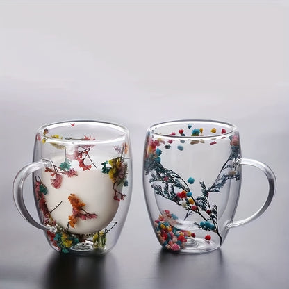 Stylish, 11.83oz double-walled glass mug with dried flowers. Perfect for coffee, milk, or juice. Made of high-quality, reusable borosilicate glass. Great gift for birthdays and special occasions.