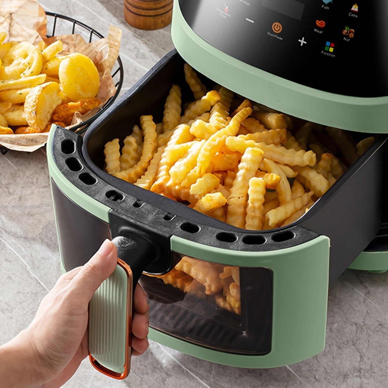 Large capacity 6L air fryer with smart cooking programs, touch control, and multifunctional electric oven for healthy cooking. 220V.