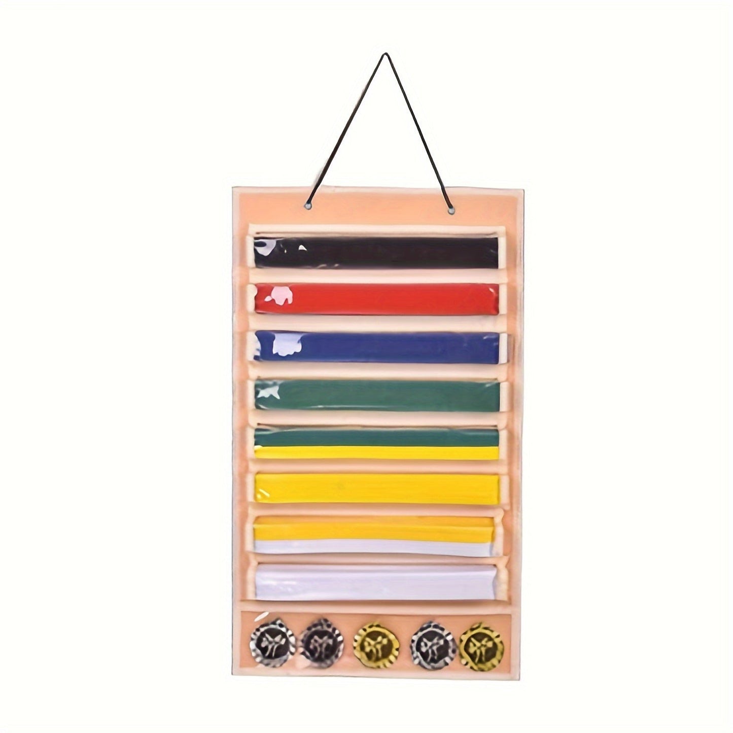 Display your martial arts belts and medals with pride on this durable felt organizer. With 9 clear pockets, this rack can hold up to 8 belts and 5 medals. Easy to install on your wall, this decorative piece is perfect for karate and taekwondo enthusiasts.