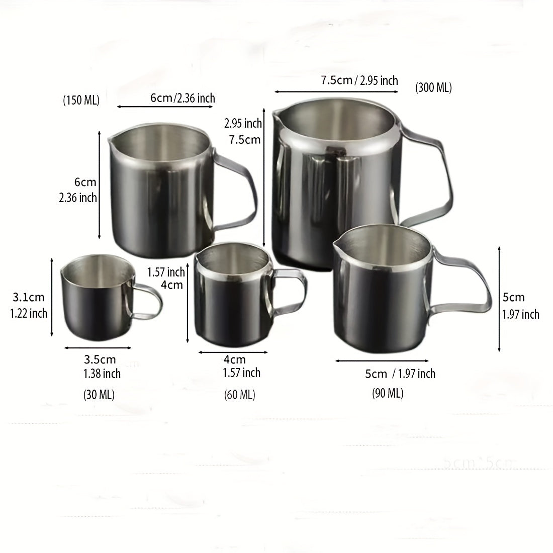 Metal latte art cups, frother pitcher, milk jug, and honey cup set for home and restaurant use.