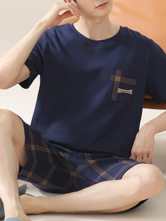 [Millennium Horse Brand] Men's Large Size 2-piece Pajama Set with Cool Letter Print, Plaid Short Sleeve T-Shirts & Shorts. Comfortable and Skin-friendly for Cozy Loungewear.