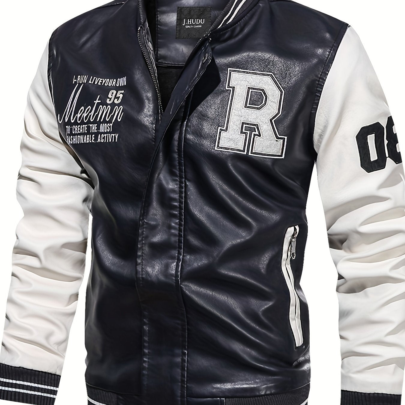 Oversized letter "R" print PU jacket for plus size men in spring/autumn. Raglan baseball jacket for big and tall males.