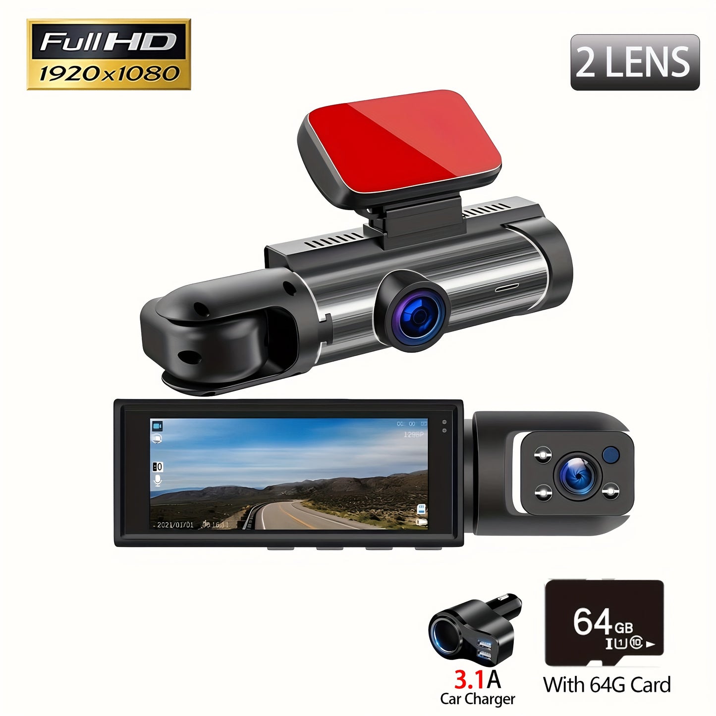 1080P HD Dual-Lens Car DVR with 64GB memory card, fast car phone mount, 12-hour recording, auto loop, gravity sensor, aluminum cooling case, 8.03cm IPS screen - Fit.