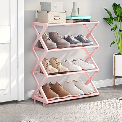 The Black Steel Tube Style X-Shaped Shoe Rack is a convenient and space-saving storage solution for shoes. With a 4-tier design and metal frame, it is easy to assemble and features a dustproof, multi-layer design. Ideal for entryways, bedrooms, and